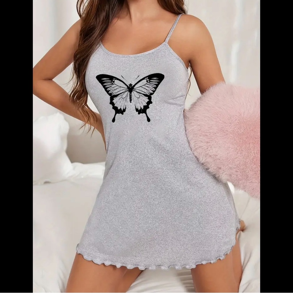 Gray, Butterfly Graphic, Night Gown - Picture 4 of 7